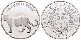Turkey. 20 new lira. 2005. Istambul. (Km-1181). Ag. 23,37 g. Leopard. Mintage: 855. PR. Est...50,00.   

SPANISH DESCRIPTION: Turquía. 20 new lira. 20...