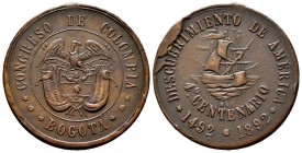 Colombia. Medal. 1892. Bogotá. Ae. 19,14 g. 400th anniversary Discovery of America. Some scratches. Choice VF. Est...50,00.   

SPANISH DESCRIPTION: C...