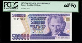Turkey. 500.000 lire. 1993. (P-208). Slabbed by PCGS, as Gem New 66PPQ. Est...25,00.   

SPANISH DESCRIPTION: Turquía. 500.000 liras. 1993. (P-208). E...