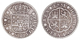 MONARQUÍA ESPAÑOLA
FELIPE V
4 Reales. AR. Madrid F. 1731. 13,13 g. CAL.1000. Rara. MBC
