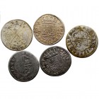 MONARQUÍA ESPAÑOLA
FELIPE V
2 Reales. AE. Lote de 5 monedas. Falsas de época. Interesante. MBC-/BC-