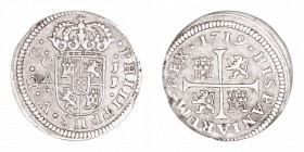 MONARQUÍA ESPAÑOLA
FELIPE V
1/2 Real. AR. Cuenca JJ. 1719. 1,31 g. CAL.1733. BC+