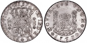 MONARQUÍA ESPAÑOLA
FERNANDO VI
8 Reales. AR. Méjico MM. 1757/6. Tipo columnario. 26,71 g. CAL.341. MBC+