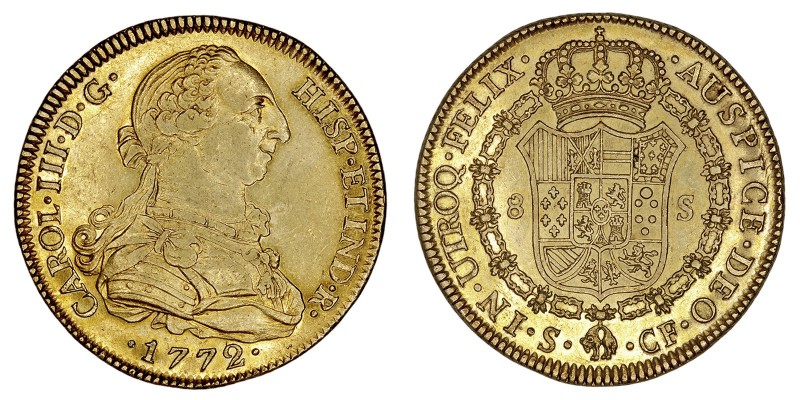 MONARQUÍA ESPAÑOLA
CARLOS III
8 Escudos. AV. Sevilla CF. 1772. Sin punto entre...