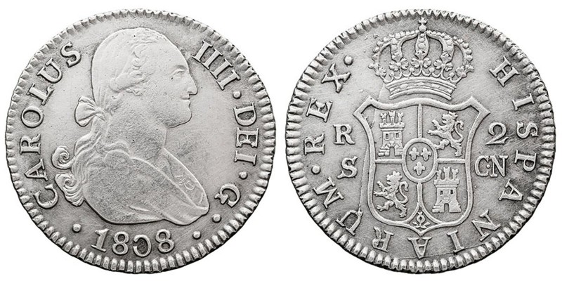 MONARQUÍA ESPAÑOLA
CARLOS IV
2 Reales. AR. Sevilla CN. 1808. 6,32 g. CAL.1071....