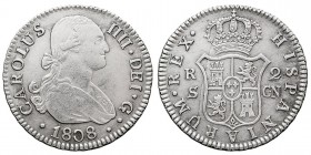 MONARQUÍA ESPAÑOLA
CARLOS IV
2 Reales. AR. Sevilla CN. 1808. 6,32 g. CAL.1071. Raya en rev., si no EBC-