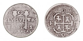 MONARQUÍA ESPAÑOLA
FERNANDO VII.
2 Reales. AR. Caracas BS. 1819. 4,86 g. CAL.844. Escasa. BC+