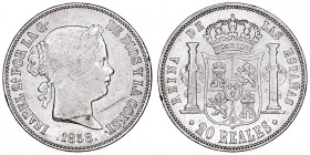 MONARQUÍA ESPAÑOLA
ISABEL II
20 Reales. AR. Madrid. 1858. 25,82 g. CAL.180. Limpiada, si no MBC