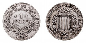 MONARQUÍA ESPAÑOLA
ISABEL II
Peseta. AR. Barcelona PS. 1837. 5,73 g. CAL.258. Escasa. MBC
