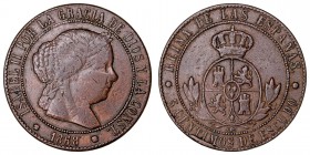 MONARQUÍA ESPAÑOLA
ISABEL II
5 Céntimos de Escudo. AE. Barcelona OM. 1868. 12,67 g. CAL.625. MBC-
