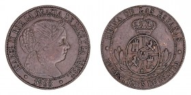 MONARQUÍA ESPAÑOLA
ISABEL II
2 1/2 Céntimos de Escudo. AE. Barcelona OM. 1868. ¿Con estrellas de 10 puntas? en anverso y de 8 puntas (Barcelona) en ...