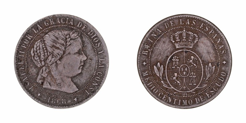 MONARQUÍA ESPAÑOLA
ISABEL II
1/2 Céntimo de Escudo. AE. Jubia OM. 1868. 1,24 g...