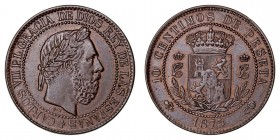 LA PESETA
CARLOS VII PRETENDIENTE
10 Céntimos. AE. Bruselas. 1875. 10,08 g. CAL.8. EBC-