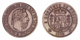 LA PESETA
CARLOS VII PRETENDIENTE
5 Céntimos. AE. Bruselas. 1875. Reverso ligeramente girado. 4,82 g. CAL.10. Escasa. MBC+