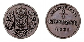MONEDAS EXTRANJERAS
ALEMANIA
1/4 Kreuzer. AE. Schwarzburg-Rudolstadt. 1861. AKS.29. Algo sucio. MBC