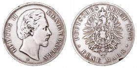 MONEDAS EXTRANJERAS
ALEMANIA
LUDWIG II
5 Marcos. AR. Bayern. 1875 D. 27,39 g. KM.896. Marca en listel. MBC-