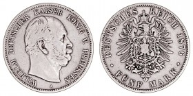 MONEDAS EXTRANJERAS
ALEMANIA
GUILLERMO I
5 Marcos. AR. Prusia. 1876 A. 27,46 g. KM.503. MBC
