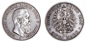 MONEDAS EXTRANJERAS
ALEMANIA
FEDERICO III
2 Marcos. AR. Prusia. 1888 A. 11,07 g. KM.510. Limpiada, si no EBC/EBC+