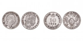 MONEDAS EXTRANJERAS
AUSTRIA
FRANCISCO JOSÉ I
Lote de 2 monedas. AR. 10 Kreuzer 1860 V y 3 Kreuzer 1845 A. MBC a MBC-