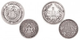 MONEDAS EXTRANJERAS
BULGARIA
Lote de 2 monedas. AR. 2 Leva 1882 y Leva 1882. MBC-