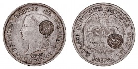 MONEDAS EXTRANJERAS
COLOMBIA
50 Centavos. AR. Bogotá. 1880. Con resello en anv. y rev. para circular en Costa Rica. 12,35 g. KM.134. Muy escasa. MBC...