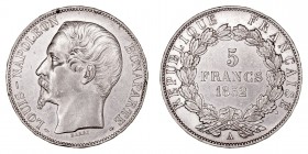 MONEDAS EXTRANJERAS
FRANCIA
NAPOLEÓN III
5 Francos. AR. 1852 A. 24,97 g. KM.773,1. Golpecitos en canto. MBC+