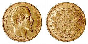 MONEDAS EXTRANJERAS
FRANCIA
NAPOLEÓN III
20 Francos. AV. 1860 A. 6,43 g. KM.781,1. MBC+