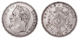 MONEDAS EXTRANJERAS
FRANCIA
NAPOLEÓN III
5 Francos. AR. 1868 BB. 24,83 g. KM.799,2. MBC+