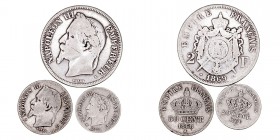 MONEDAS EXTRANJERAS
FRANCIA
NAPOLEÓN III
Lote de 3 monedas. AR. 2 Francos 1869 A, 50 Céntimos 1868 A y 20 Céntimos 1866 A. MBC- a BC+