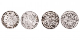 MONEDAS EXTRANJERAS
FRANCIA
NAPOLEÓN III
Lote de 2 monedas. AR. 20 Céntimos 1853 A y 1858 A. MBC a MBC-