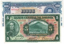 BILLETES
BOLIVIA
Lote de 2 billetes. 5 Bolivianos 1928 y 10000 Bolivianos 1945. SC-