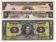BILLETES
ECUADOR
Lote de 3 billetes. Peso oro 1978, 5 Sucres 1945 y 1954. EBC a MBC