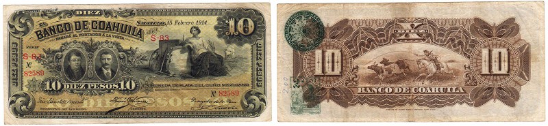 BILLETES
MÉJICO
10 Pesos. Banco de Coahuila. 15 Febrero 1914. Con sellos en re...