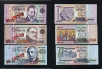 BILLETES
URUGUAY
Serie de 3 valores No Emitidos. 1000, 5000 y 10000 Nuevos Pesos. P.67A, 68A, 68B. Interesante. SC