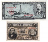 BILLETES
LOTES DE CONJUNTO
Lote de 2 billetes. Argentina 5 Centavos 1883 y Cuba peso 1956. SC a EBC