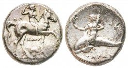 Calabria, Tarentum, Nomos, 273-235 BC, AG 6.21 g. 
Ref : Vlasto 804-7
EF