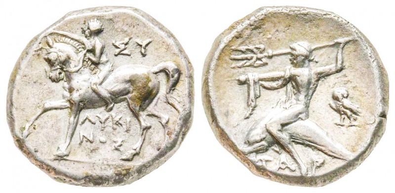Calabria, Tarentum, Didrachm ou Nomos, 273-235 BC, AG 6.21 g. 
Ref : Vlasto 835-...