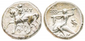 Calabria, Tarentum, Didrachm ou Nomos, 273-235 BC, AG 6.21 g. 
Ref : Vlasto 835-841
EF