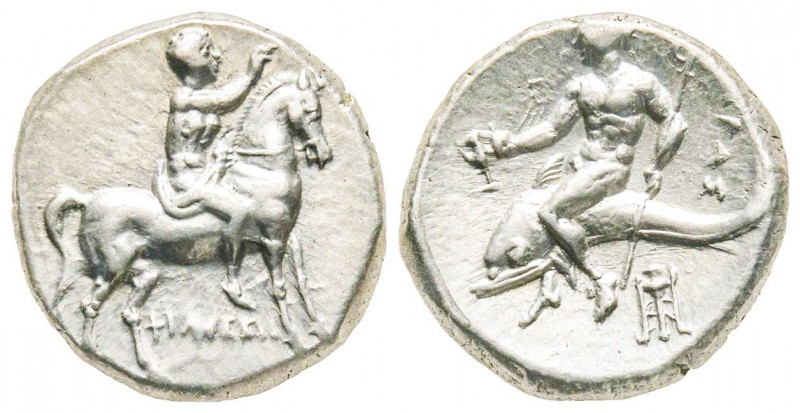 Calabria, Tarentum, Nomos, 273-235 BC, AG 6.47 g. 
Ref : Vlasto 888, SNG ANS 120...
