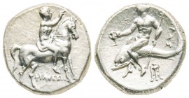 Calabria, Tarentum, Nomos, 273-235 BC, AG 6.47 g. 
Ref : Vlasto 888, SNG ANS 1206-7
EF