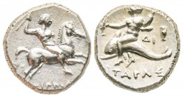 Calabria, Tarentum, Nomos, 273-235 BC, AG 6.55 g. 
Ref : Vlasto 904-6, SNG ANS 1220-4
EF