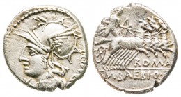 Roman Republic, M. Baebius Q.f. Tampilus, Denarius, 137 BC, AG 3.9 g. 
Ref : Crawford 236/1a
XF