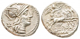 Roman Republic, P. Maenius Antiaticus M.f., Denarius, 132 BC, AG 3.6 g.
Ref : Crawford 249/1 
XF