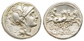 Roman Republic, Appius Claudius Pulcher, T. Manlius Mancius and Q. Urbinius
Denarius, 111-110 BC, AG 3.8 g.
Ref : Crawford 299/1, Syd. 570
XF