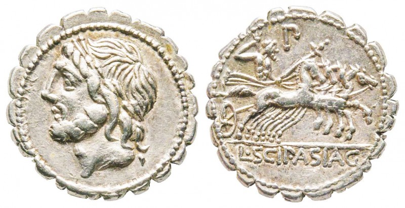 Roman Republic, L. Cornelius Scipius Asiaticus, Denarius serratus, AG 3.8 g. 
Re...