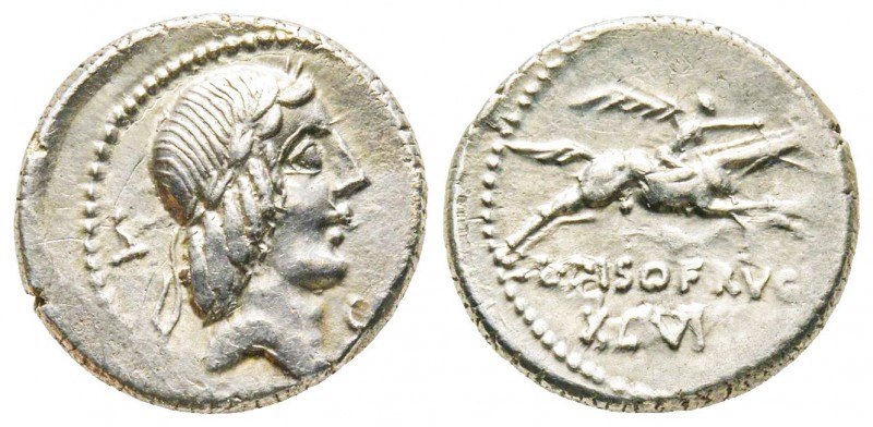 Roman Republic, L. Calpurnius Piso Frugi, Denarius, 90 BC, AG 3.9 g.
Ref : Crawf...
