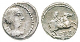 Roman Republic, Q. Titius, Quinarius, 90 BC, AG 2.1 g. 
Ref : Crawford 341/3
VF