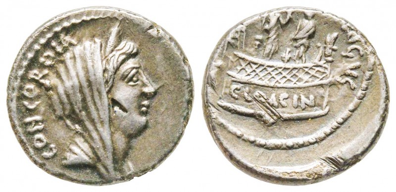 Roman Republic, L. Mussidius Longus, Denarius, 42 BC, AG 3.8 g.
Ref : Crawford 4...