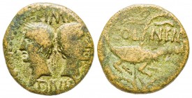 Augustus et Agrippa
Dupondius, Nimes, Gaul, 10-14 BC., AE 11.62 g.
Ref : RIC 159
Fine