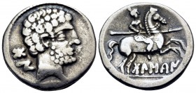 SPAIN. Bolskan - Osca. Circa 150-100 BC. Denarius (Silver, 18 mm, 3.70 g, 12 h). Bo Bearded male head to right. Rev. BoLSCaN Horseman with couched lan...